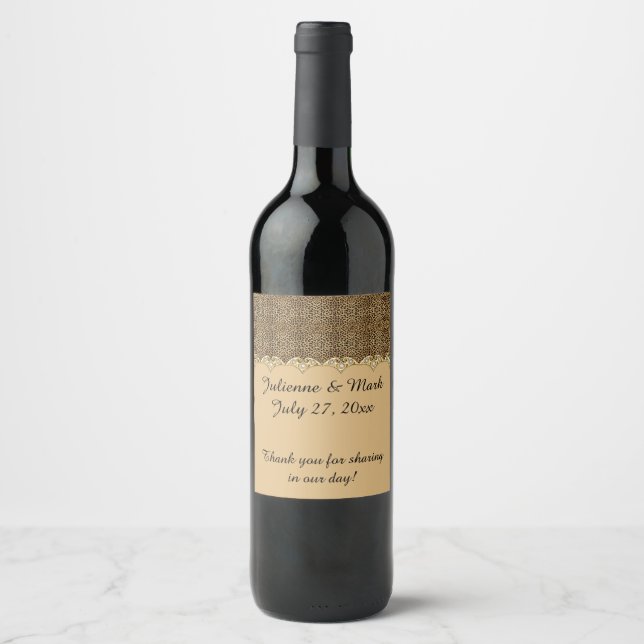 Leopard Print Gold Diamonds Bling Weddings Wine Label (Front)