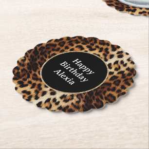 Leopard Print Gold Glitter Sparkle Frame Birthday Paper Coaster