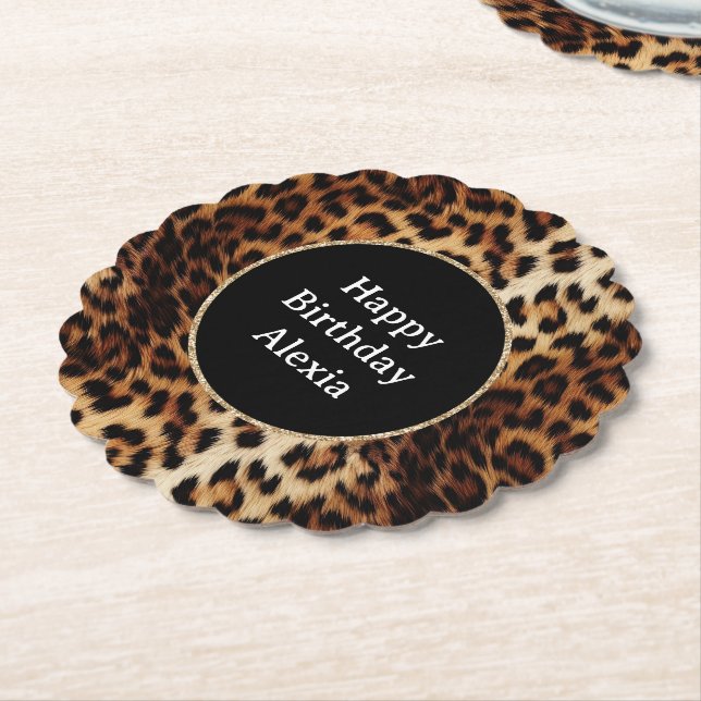 Leopard Print Gold Glitter Sparkle Frame Birthday  Paper Coaster (Angled)