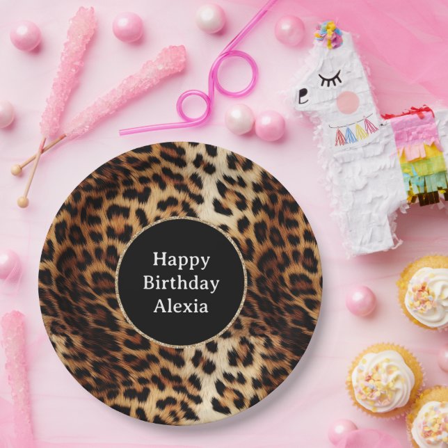 Leopard Print Gold Glitter Sparkle Frame Birthday  Paper Plate (Party)