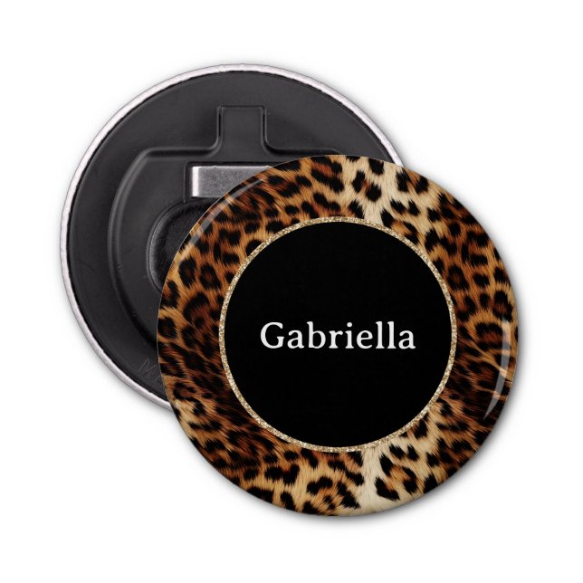 Leopard Print Gold Glitter Sparkle Frame  Bottle Opener (Front)