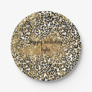 Leopard Print Gold Glitter Sparkle Paper Plate