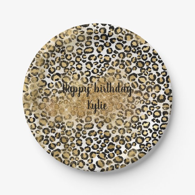 Leopard Print Gold Glitter Sparkle Paper Plate (Front)