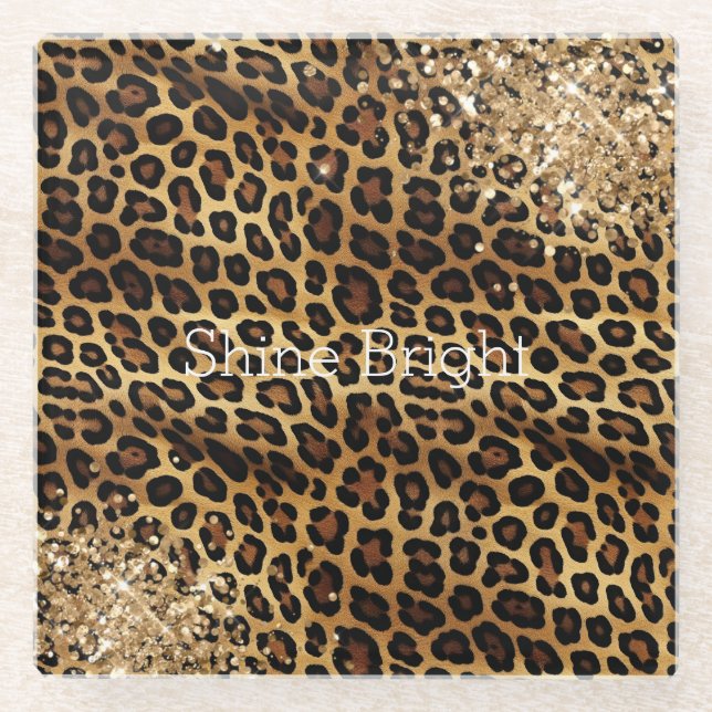 Leopard Print Gold Glitzy Sparkle Glitter  Glass Coaster (Front)
