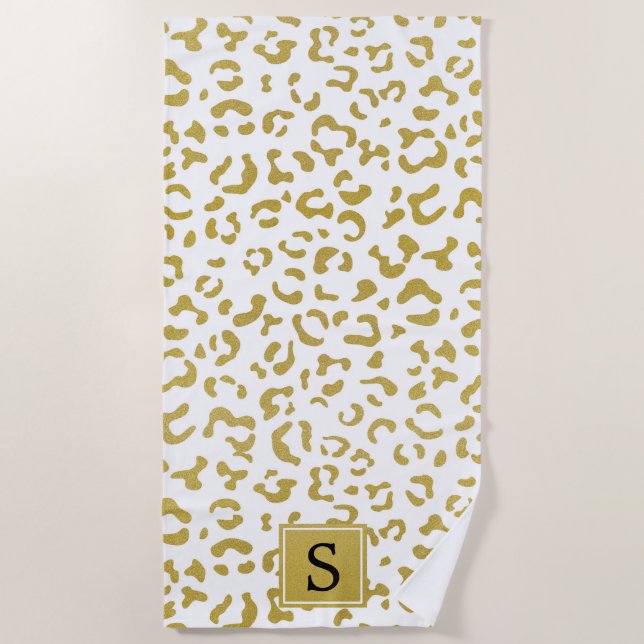 Leopard Print, Gold Leopard, Glitter, Monogram Beach Towel (Front)