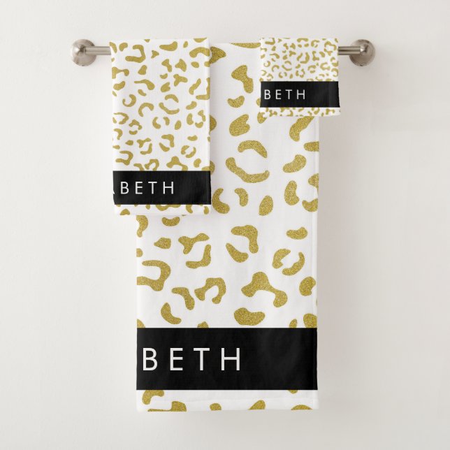 Leopard Print, Gold Leopard, Glitter, Your Name Bath Towel Set (Insitu)