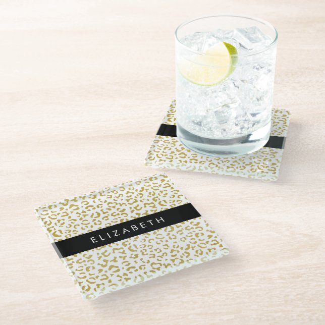 Leopard Print, Gold Leopard, Glitter, Your Name Glass Coaster (Angled)