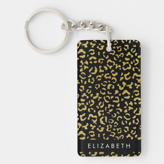 Leopard Print, Gold Leopard, Glitter, Your Name Keychain (Front)