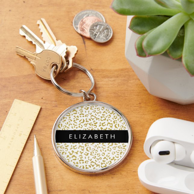 Leopard Print, Gold Leopard, Glitter, Your Name Keychain (Desk)