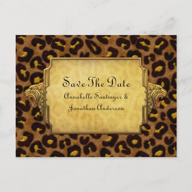 Leopard Print Gold Leopard Heads Save The Date Announcement Postcard (Front)