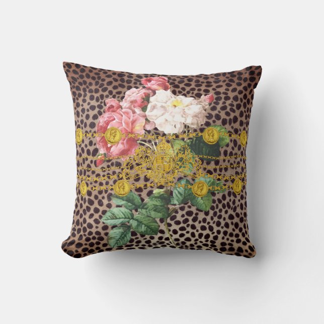 Leopard Print Gold Lion Emblem Chain Rose Floral Throw Pillow (Front)