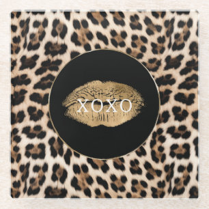 Leopard Print Gold Lips XOXO Glass Coaster