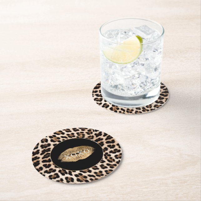 Leopard Print Gold Lips XOXO Round Paper Coaster (Insitu)