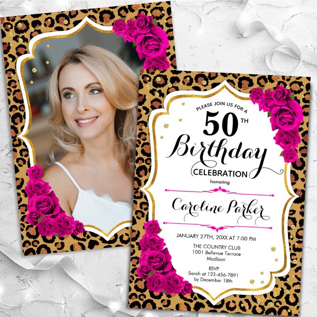 Leopard Print Gold Pink Photo 50th Birthday Invitation (Creator Uploaded)