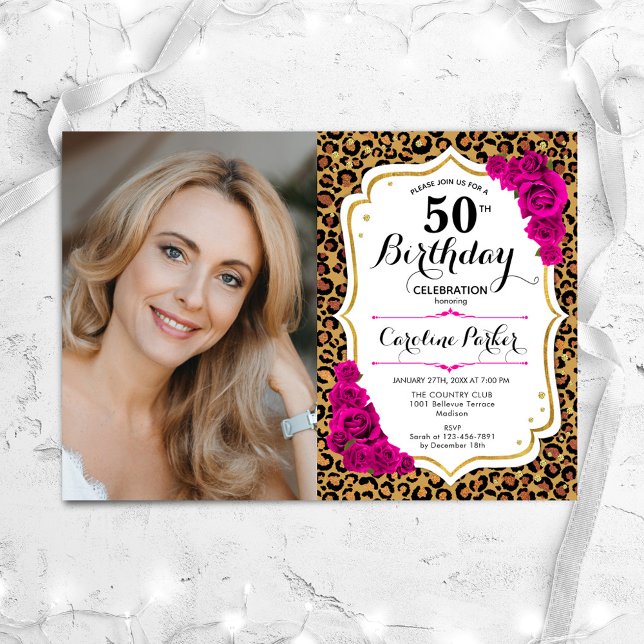 Leopard Print Gold Pink Photo 50th Birthday Invitation (Creator Uploaded)