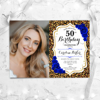 Leopard Print Gold Royal Blue Photo 50th Birthday
