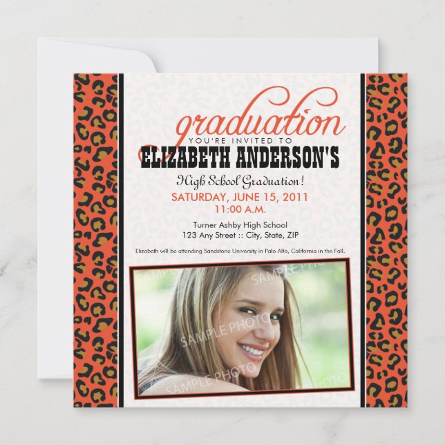 Leopard Print Graduation Announcement (orange) (Front)