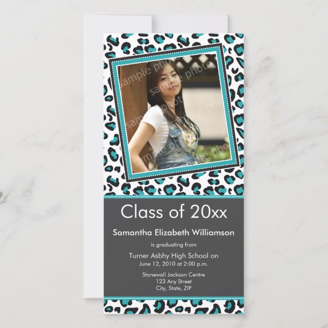Leopard Print Graduation Photo Announcement (aqua) (Front)