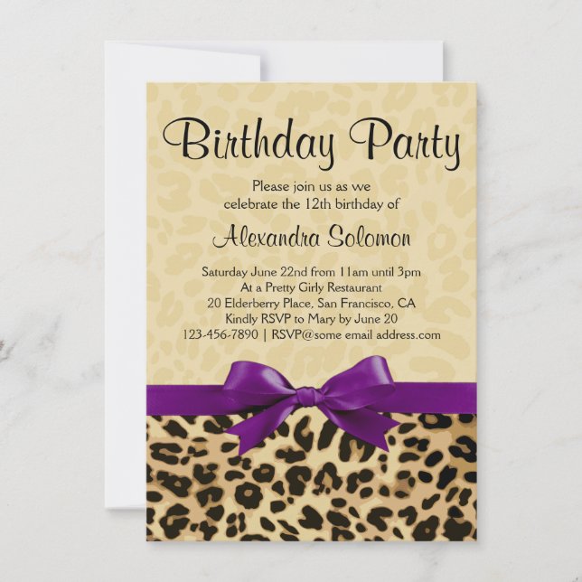 Leopard Print Grape Purple Bow Girl Birthday Party Invitation (Front)