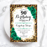Leopard Print Green Gold Elegant 90th Birthday Invitation<br><div class="desc">90th Birthday Party Invitation. Elegant floral emerald green design with faux glitter gold and roses. Features leopard cheetah animal print and script font. Perfect for a stylish womens bday celebration. Can be customized for any age! Printed Zazzle invitations or instant download digital printable template.</div>