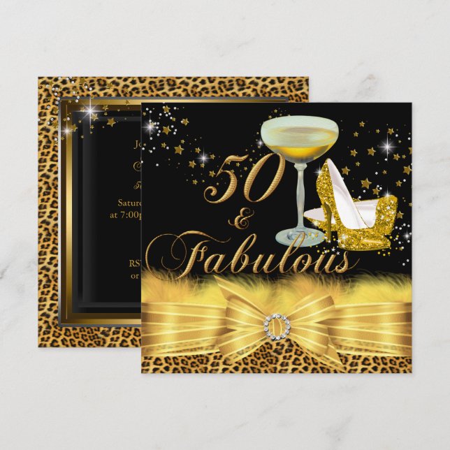 Leopard Print & Heels Gold 50 & Fabulous Birthday Invitation (Front/Back)