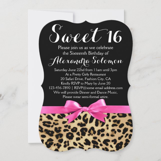 Leopard Print Hot Pink Bow Sweet 16th Birthday Invitation (Front)
