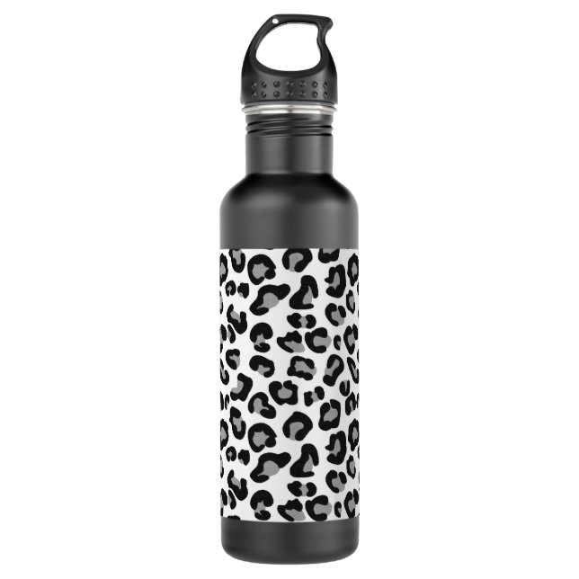 Leopard Print in Black and White with Grey / Grey 710 Ml Water Bottle (Front)