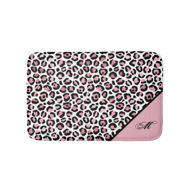 Leopard Print in Pink White & Black with Monogram Bath Mat (Front)