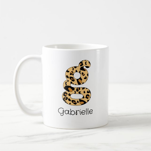 Leopard Print Initial g Lowercase and Name Coffee Mug (Left)