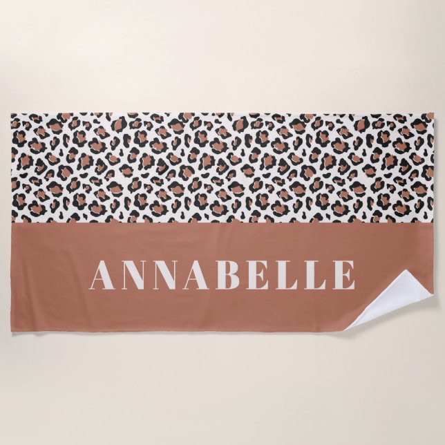 Leopard print initial stylish modern terra-cotta beach towel (Front)