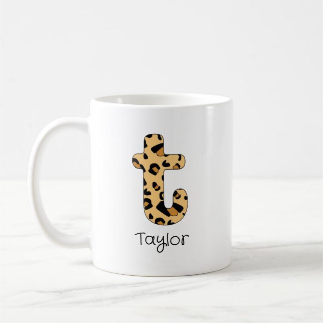 Leopard Print Initial t Lowercase and Name Coffee Mug (Left)