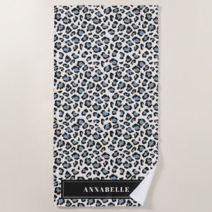 Leopard print initial typography blue modern beach towel