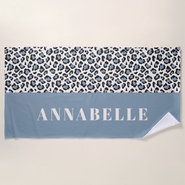 Leopard print initial typography blue modern beach towel (Front)