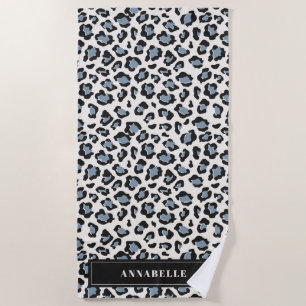 Leopard print initial typography blue modern beach towel