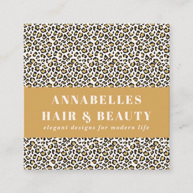 Leopard print initial typography bold modern gold  square business card (Front)