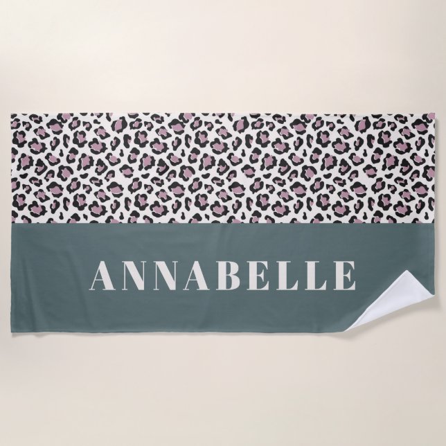 Leopard print initial typography pink girly modern beach towel (Front)