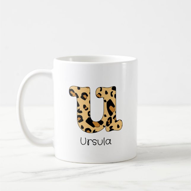 Leopard Print Initial u Lowercase and Name Coffee Mug (Left)