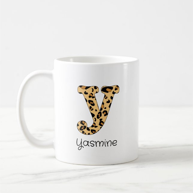 Leopard Print Initial y Lowercase and Name Coffee Mug (Left)