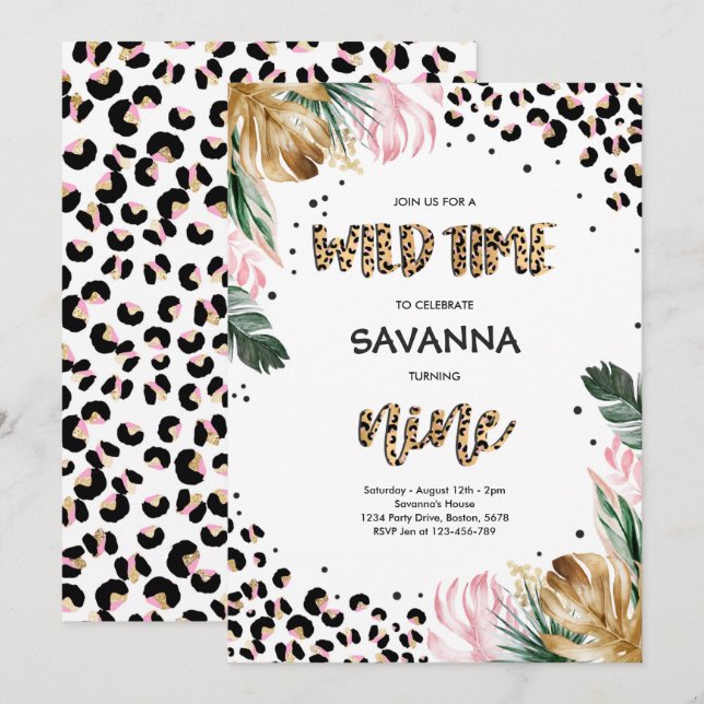 Leopard Print Jungle Safari 9th Birthday Party Invitation (Front/Back)