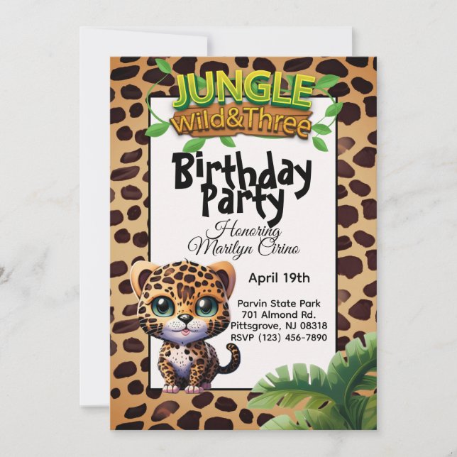 Leopard Print Kitty Cat Wild & Three Birthday 🐆 Invitation (Front)