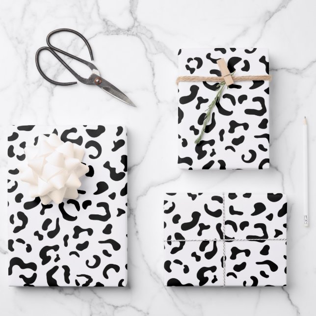 Leopard Print, Leopard Spots, Black And White Wrapping Paper Sheet (Front)