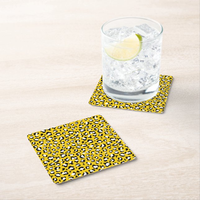 Leopard Print, Leopard Spots, Yellow Leopard Square Paper Coaster (Insitu)