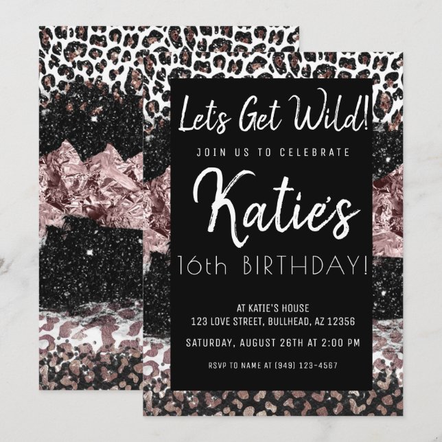 Leopard Print Let's Get Wild Rose Gold Birthday Invitation (Front/Back)