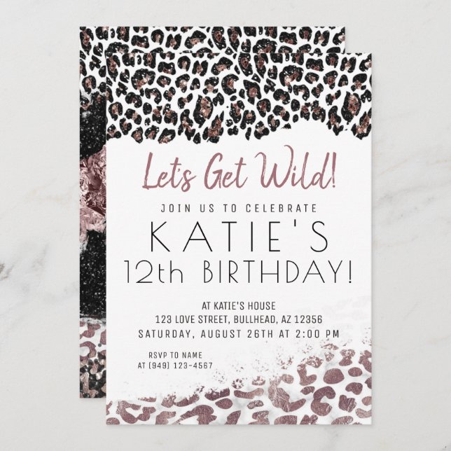 Leopard Print Let's Get Wild Rose Gold Birthday Invitation (Front/Back)