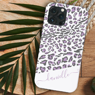 Leopard Print Lilac Grey Elegant Script Name iPhone 13 Pro Max Case