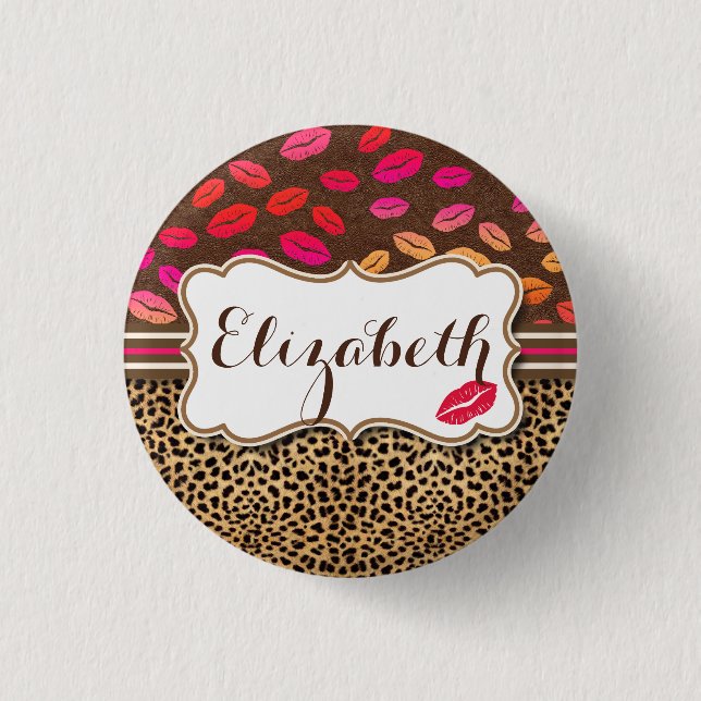 Leopard Print Lips Kisses Personalized 1 Inch Round Button (Front)