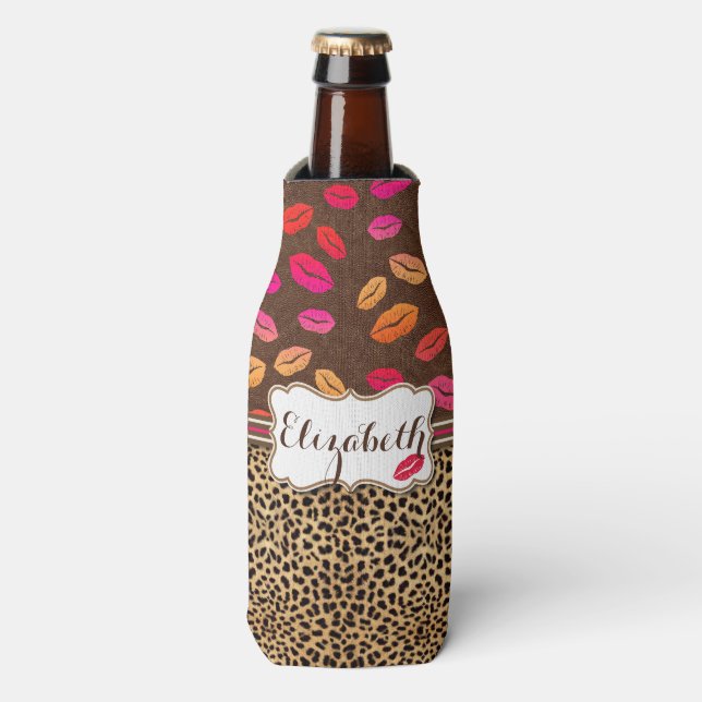 Leopard Print Lips Kisses Personalized Bottle Cooler (Bottle Front)