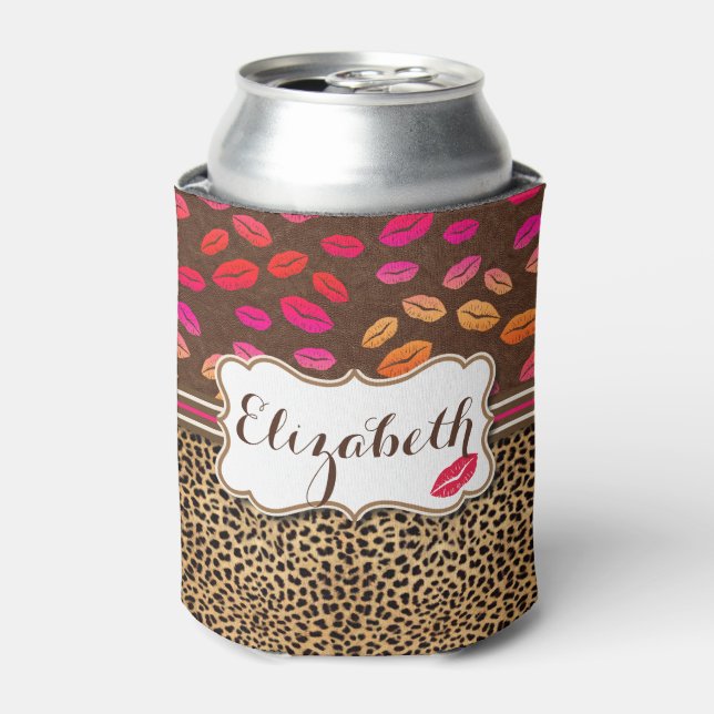 Leopard Print Lips Kisses Personalized Can Cooler (Can Front)