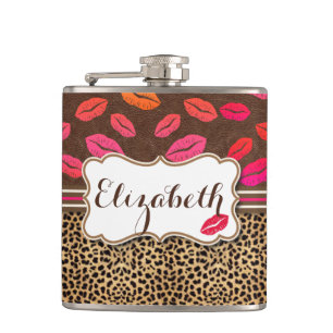 Leopard Print Lips Kisses Personalized Hip Flask