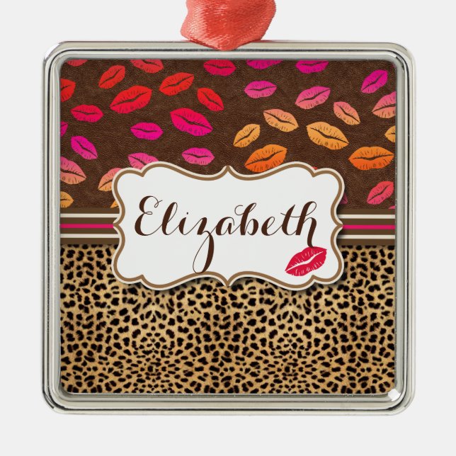 Leopard Print Lips Kisses Personalized Metal Ornament (Front)